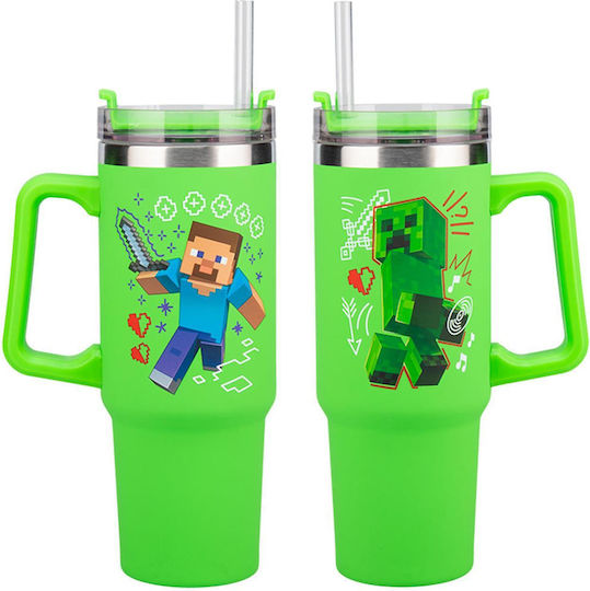 Paladone Sticlă Pentru Copii Minecraft Din Oțel Inoxidabil Cu Pai Verde 900ml