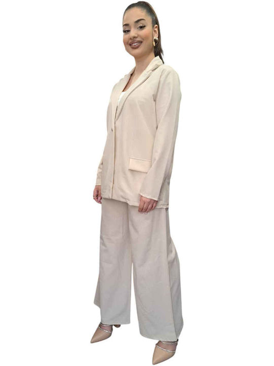 Women's Beige Set with Pants in Loose Fit Striped