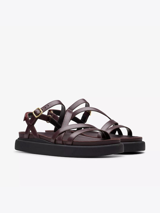 Aristella Rose Leather Women's Flat Sandals with Strap in Burgundy Color