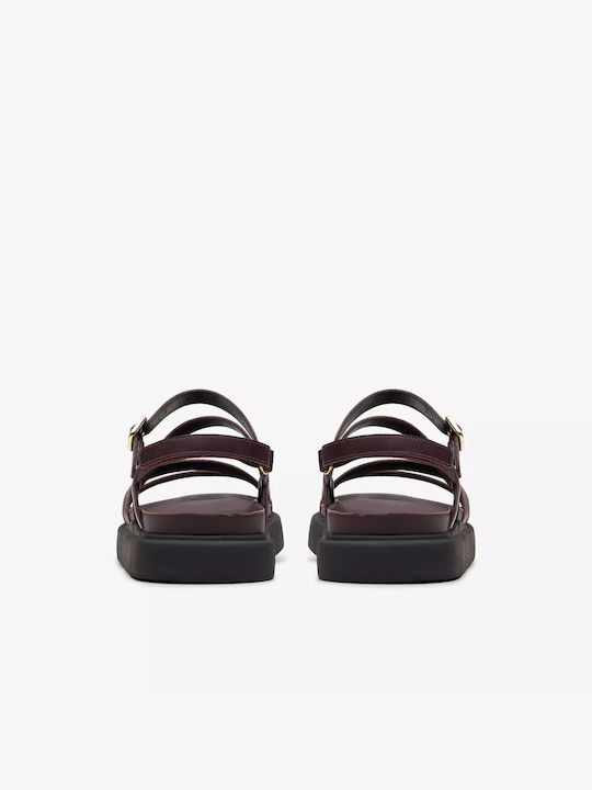 Aristella Rose Leather Women's Flat Sandals with Strap in Burgundy Color