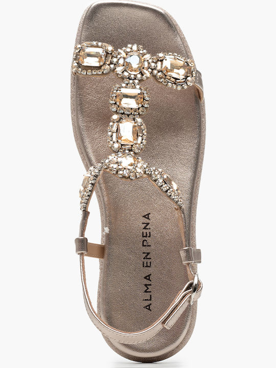 Leather Women's Flat Sandals with Strap in Gold Color
