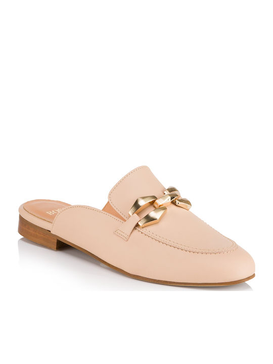 Leather Mules with Low Heel in Beige Color