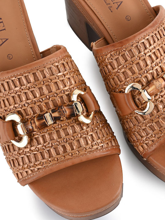 Leather Mules with Heel in Brown Color