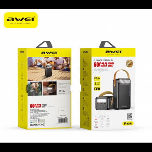 Awei PK101K Power Bank 60000mAh 22.5W με 3 Θύρες USB-A και 2 Θύρες USB-C Power Delivery Μαύρο