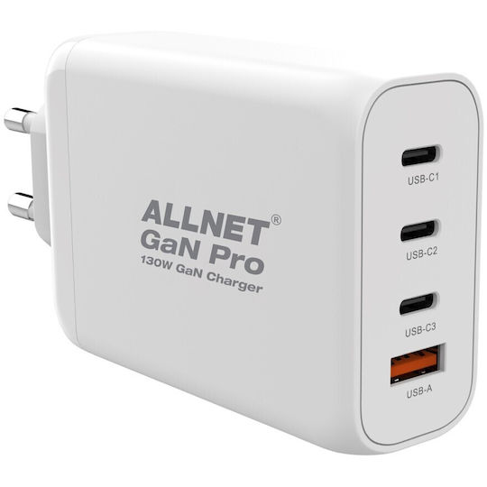 Allnet Зарядно Устройство Без Кабел GaN с USB-A Порт и 3 USB-C Порта 130W Power Delivery Бял