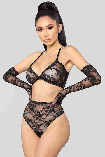 Merry See Sexy Dessous-Set Spitzenhandschuhe Schwarz