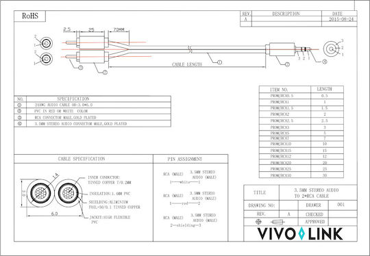 Vivolink 3,5mm Klinkenkabel - 2x RCA-Stecker Schwarz 1m PROMJRCA1
