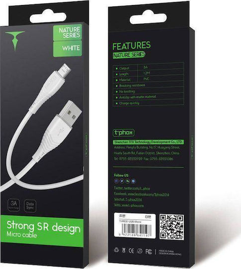 T-Phox Regular USB 2.0 to micro USB Cable Λευκό 1.2m