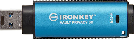 Kingston IronKey Vault Privacy 50 64GB USB 3.2 Stick Blue