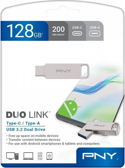 PNY Duo Link 128GB USB 3.2 Stick with connection USB-A & USB-C Silver
