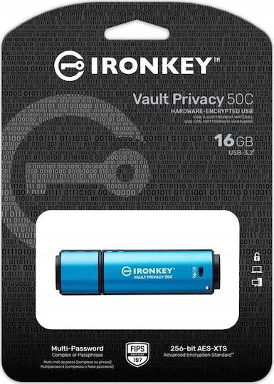 Kingston IronKey Vault Privacy 50 16GB USB 3.2 Stick με σύνδεση USB-C Μπλε