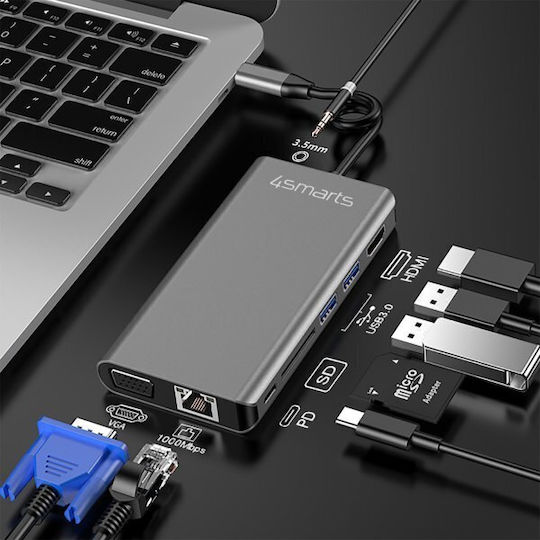 4Smarts USB-C Docking Station με HDMI 4K PD Ethernet και σύνδεση 2 Οθονών Γκρι (458723)