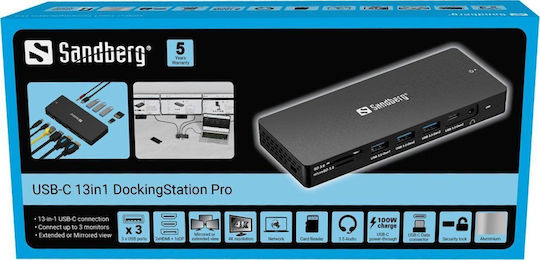Sandberg 13in1 DockingStation Pro USB-C Docking Station mit HDMI/DisplayPort 4K PD Ethernet und Verbindung 3 Monitore Schwarz