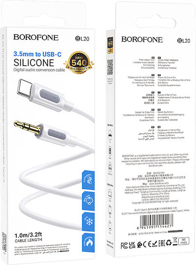 Borofone USB 2.0 Cable USB-C male - 3.5mm Λευκό 1m