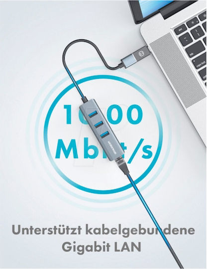 Graugear USB Hub 3 Ports USB 3.0 with Connecting to a Computer USB-A / USB-C / Ethernet Gray