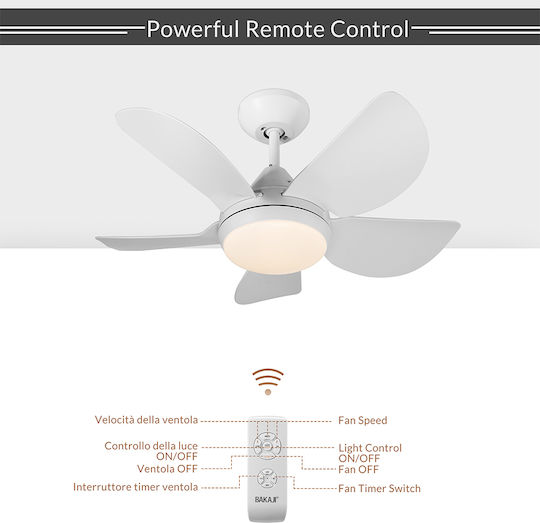 Bakaji Deckenventilator 76cm mit Leuchte Weiß