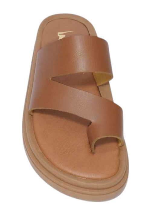 Leather Women's Flat Sandals in Tabac Brown Color