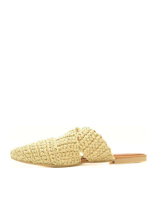 Flat Leather Mules in Beige Color