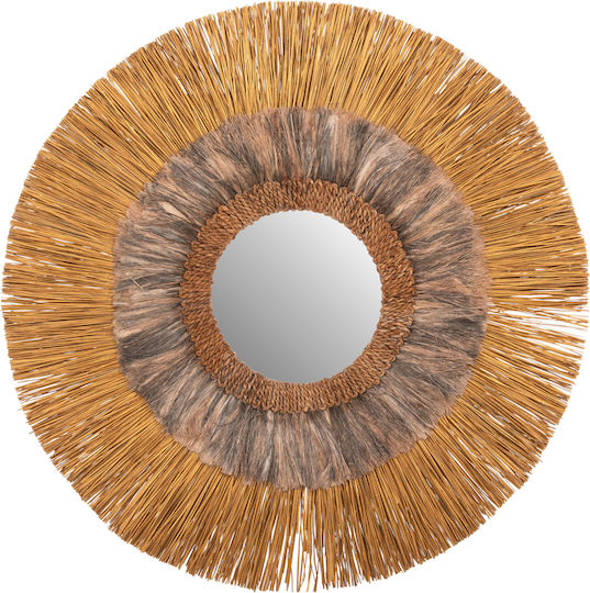 HomeMarkt Καθρέπτης Τοίχου Από Mendong και Abaca με Χρυσό Rattan Πλαίσιο Διαμέτρου 105cm
