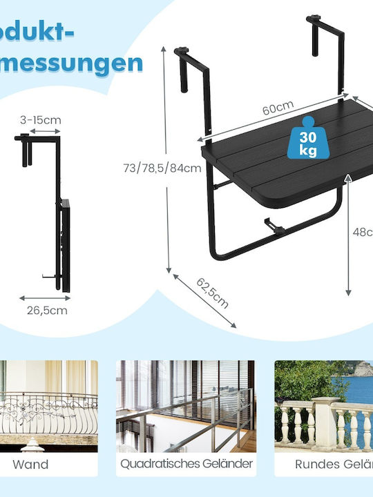 Plastic Masa pentru spații exterioare mici Pliabil cu schelet metalic Negru 62.5x60x73buc