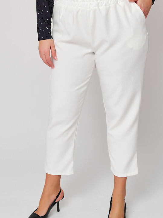 Women's Fabric Trousers with Elastic Carrot Fit White