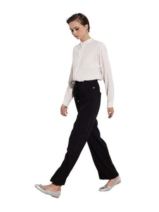 Pantaloni Dama Largi Negru Cu Talie Înaltă