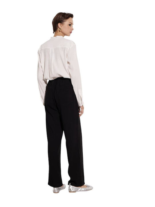 Pantaloni Dama Largi Negru Cu Talie Înaltă