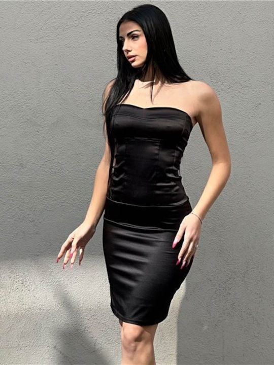 Mini Βραδινό Φόρεμα Strapless Σατέν Μαύρο