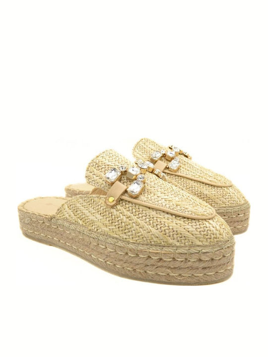 Leather Mules with Low Heel in Beige Color