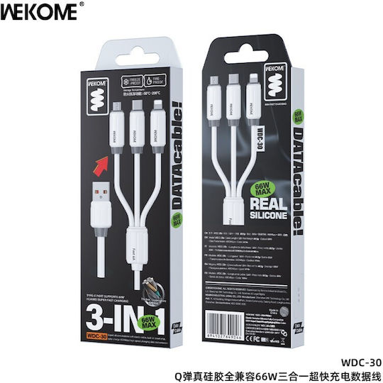 WK Regular USB to Lightning / Type-C / micro USB Cable Λευκό