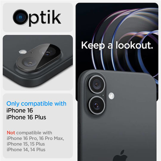 Spigen Optik Glas.tr Προστασία Κάμερας Tempered Glass Μαύρο για το iPhone 16, iPhone 16 Plus