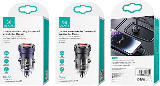 Usams US-CC175 Auto-Ladegerät 45W Schnellladung mit Anschlüssen: 1xUSB 1xType-C Schwarz Farbe