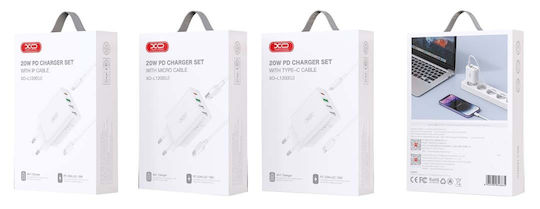XO GaN с 3 USB-A порта и USB-C порт и кабел micro USB 20W Quick Charge 3.0 Бял (L120)
