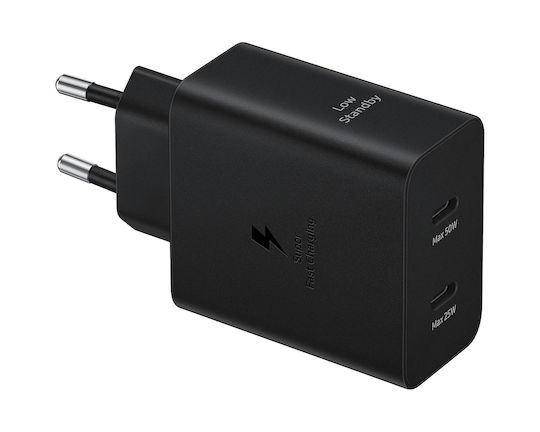 Samsung Φορτιστής με 2 Θύρες USB-C και Καλώδιο USB-C - USB-C 50W Power Delivery Μαύρος (EP-T5020X)