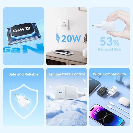 Vention Charger GaN with USB-C Port and Cable USB-C - USB-C 20W Power Delivery Whites (TZ-FEPW0-EU-01)