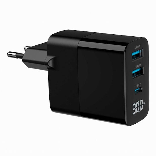 Gembird Charger Without Cable GaN with 2 USB-A Ports and USB-C Port 30W Power Delivery / Quick Charge 3.0 Blacks (TA-UC-PDQC30LCD-BK-02)