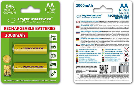 Esperanza Επαναφορτιζόμενες Μπαταρίες AA Ni-MH 2000mAh 1.2V 2τμχ Yellow