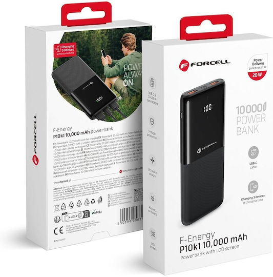 Forcell F-Energy P10k1 Power Bank 10000mAh 20W με 2 Θύρες USB-A και Θύρα USB-C Power Delivery / Quick Charge 3.0 Μαύρο