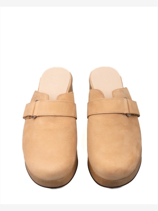 Leder Mules mit Absatz in Beige Farbe