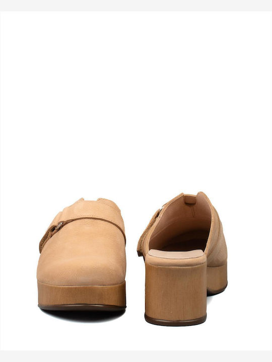 Leder Mules mit Absatz in Beige Farbe