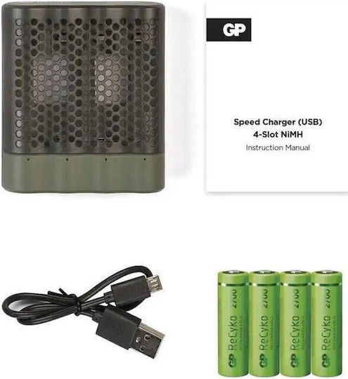 GP Batteries ReCyko M451 USB Φορτιστής 4 Μπαταριών Ni-MH Μεγέθους AA/AAA Σετ με 4x AAA 2700mAh σε Πράσινο χρώμα