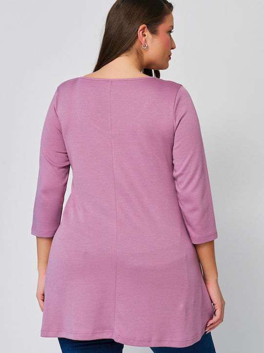 Women's Tunic Dress with 3/4 Sleeve & V Neckline Pink