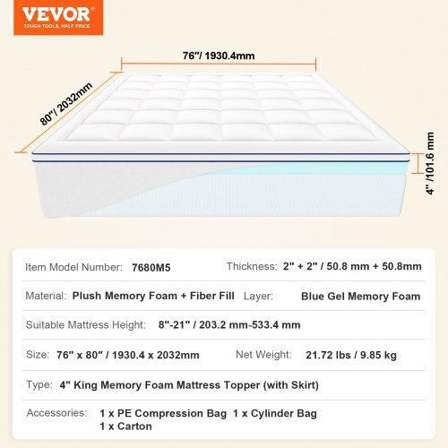 Vevor Matratzentopper King Size Memory-Schaum 193.04x203.2x10.16cm