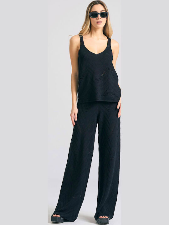 Damen Hoch tailliert Stoff Hose mit Gummizug Schwarz