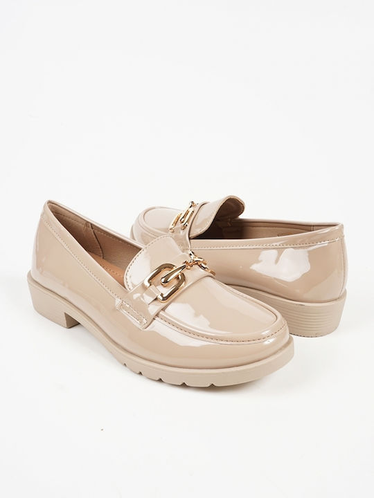Patent Leather Women's Loafers in Beige Color