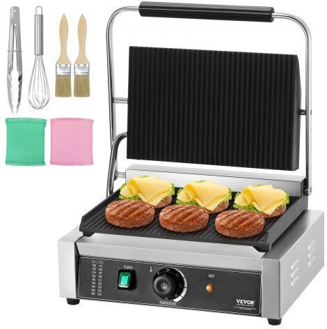 Vevor Commercial Sandwich Maker with Ribbed Top and Ribbed Bottom