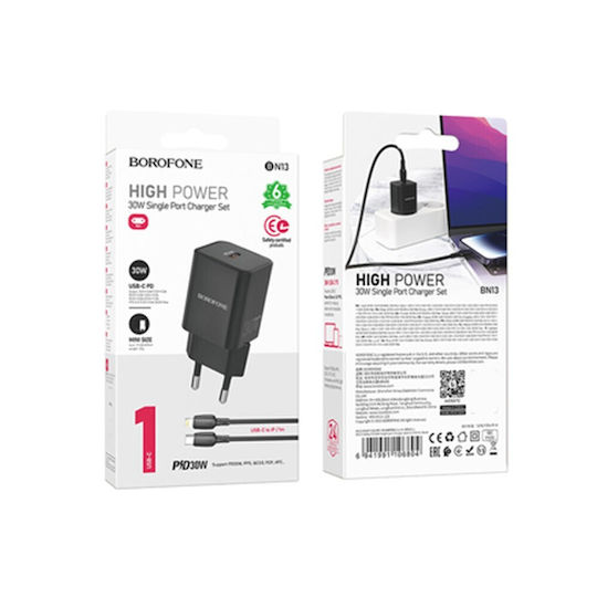 Borofone Charger GaN with USB-C Port and Cable USB-C - Lightning 30W Power Delivery Blacks (BN13 Safety)