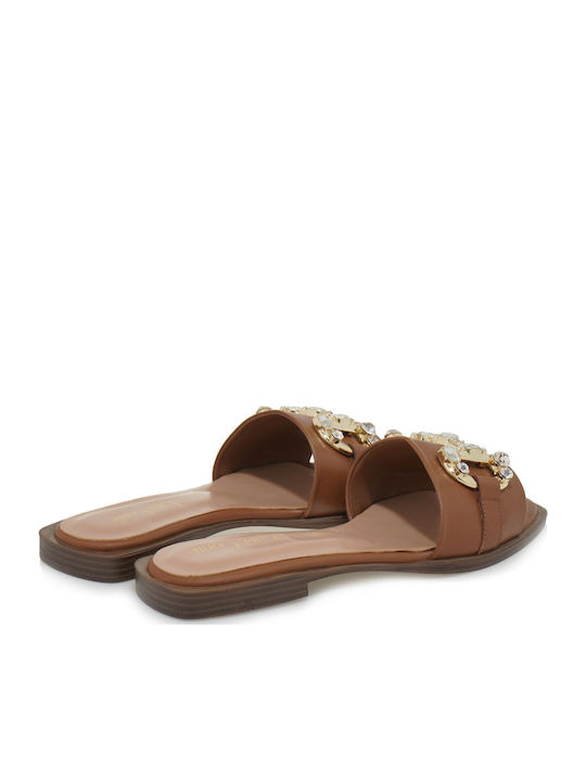 Leather Women's Flat Sandals in Tabac Brown Color