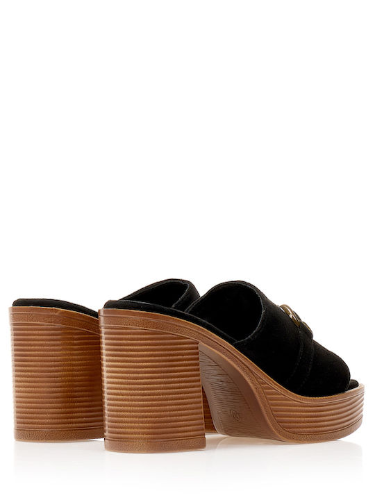 Suede Mules with Chunky High Heel in Black Color