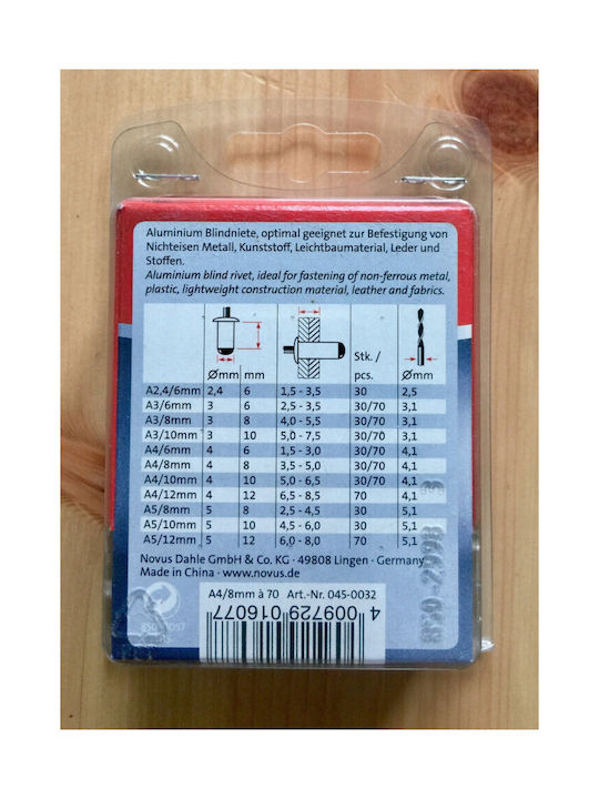 Novus Πριτσίνια Aluminium M4x8mm 70Stück